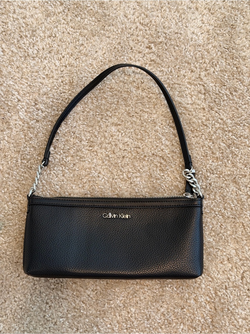 Calvin Klein Black Pebbled Leather Chain-Accent Shoulder Bag